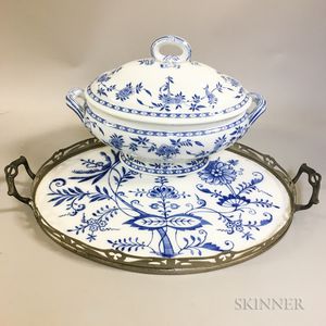 Blue and White Transfer-decorated Porcelain Tray and a Mintons "Delft" Covered Tureen