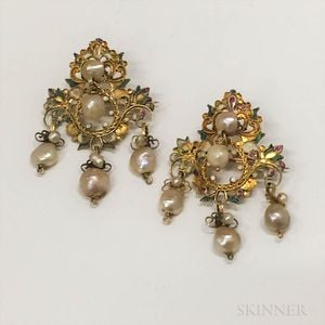 Pair of 14kt Gold, Enamel, and Baroque Pearl Brooches