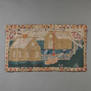 Pictorial Wool Hooked Rug with House