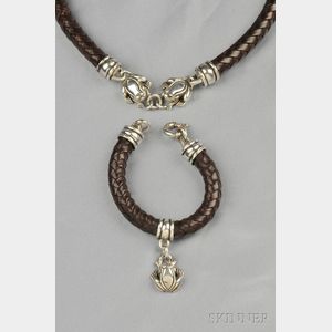 Sterling Silver and Leather Frog Necklace and Bracelet, Kieselstein Cord