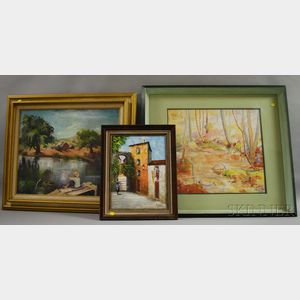 Lot of Three Framed Paintings: American School, 20th Century, Boy Fishing from a Dock