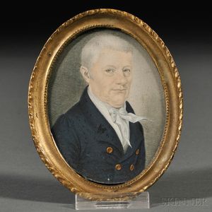 American School, 19th Century Portrait Miniature of a Gentleman Wearing a Blue Coat with Brass Buttons.