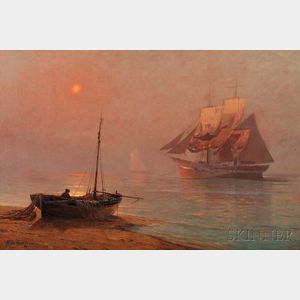 Aleksei Vasilievich Von Hanzen (Russian, 1876-1937) Luminous Shore View with Sailing Vessels