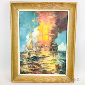 American School, 20th Century Painting of a Burning Naval Vessel