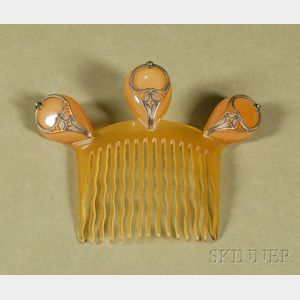 Art Nouveau Horn and Metal-mounted Hair Comb