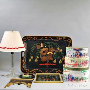 Group of Decorative Accessories and an Edwardian-style Caned Oak Polychrome Decorated Open Armchair
