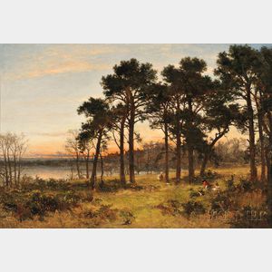 Benjamin Williams Leader (British, 1831-1923) Figures in a Landscape at Sunset