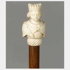 Figural Carved Ivory-Topped Malacca Walking Stick