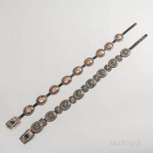 Two Southwest Silver and Turquoise Concha Belts