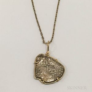 18kt Gold-mounted Silver Doubloon Pendant and 18kt Gold Chain