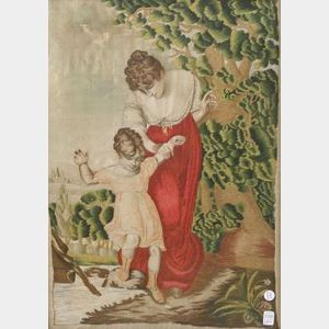 Framed Needlework on Silk Panel Depicting a Mother and Child in a Landscape.