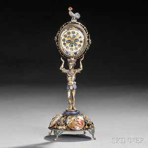 Continental Gilt and Enameled Figural Boudoir Clock
