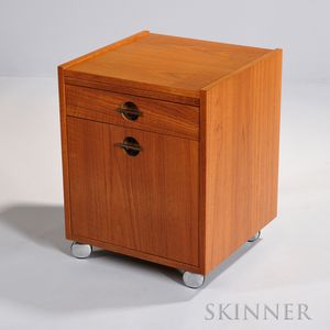 Danish-style Cube Bar teak wood veneers, Masonite, metal, 20th century, the sides slightly elevated above a simple wooden top, above a