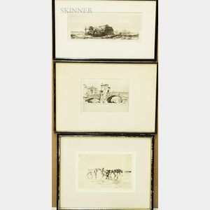 Two Framed Edmund Blampied Etchings and a 20th Century Rembrandt Etching. 