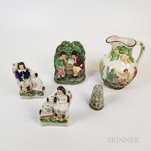 Three Staffordshire Ceramic Figures, a Cup, and a Pitcher