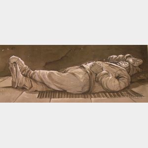 Framed 20th Century American School Watercolor Portrait of a Recumbent Man