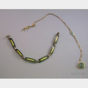 Art Deco Sterling Silver and Enamel Link Bracelet and a Wordley, Allsop & Bliss Company 14kt Gold and Enamel Watch Chain
