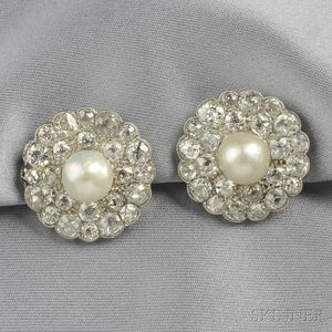 Platinum, Natural Pearl, and Diamond Earclips