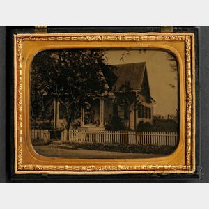 Half Plate Ambrotype of a Gothic Cottage with a Boy and Dog Sitting on the Porch