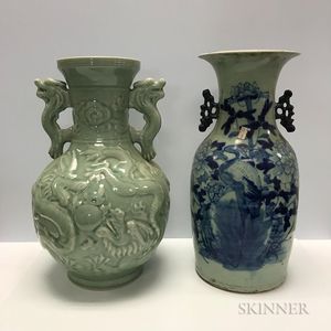 Five Celadon and Blue-glazed Vases