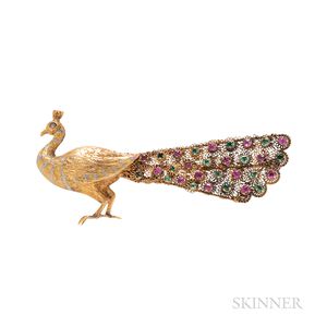 Antique Gold Gem-set Peacock Brooch