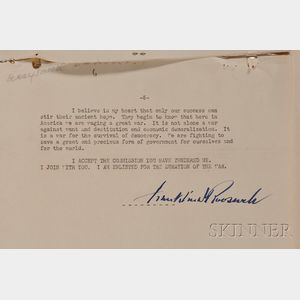 Roosevelt, Franklin Delano (1882-1945) Signed Typewritten Speech, 1936.