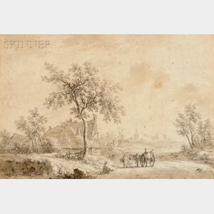 Nicolaas Wicart (Dutch, 1748-1815),Vue de Laren dans Het Gooi avec une chaumière le long dune route et des voyageurs, un village à l