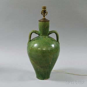 Green-glazed Pottery Jug Mounted as a Lamp