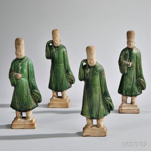 Four Pottery Green-glazed Figures