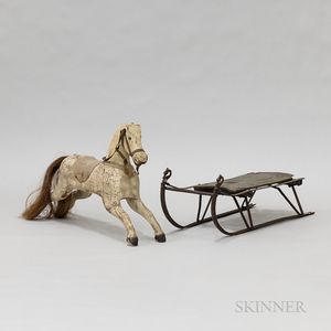 Wrought Iron and Wood Sled and a Carved Hobby Horse