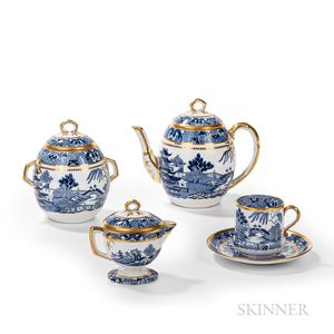 Four-piece Davenport Blue Transfer and Gilt Tea Set