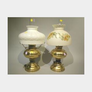 Two Brass Rayo Kerosene Lamps with One Hand-Painted Floral Decorated Glass Shade.