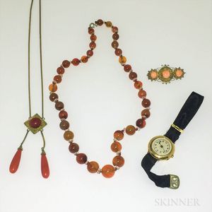 Agate Bead Necklace, Two Pieces of Coral Jewelry, and a Lady's Wristwatch