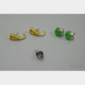 Pair of White Gold and Chrysoprase Cabochon Earstuds, a Pair of 14kt Gold, Citrine, and Amethyst Earstuds and ...