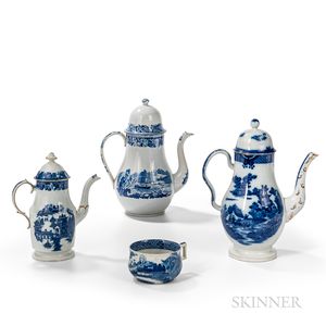 Three Blue Transfer Coffeepots and a Coffee Cup