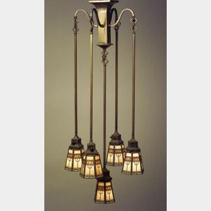Arts and Crafts Brass Chandelier with Five Handel Overlay Shades