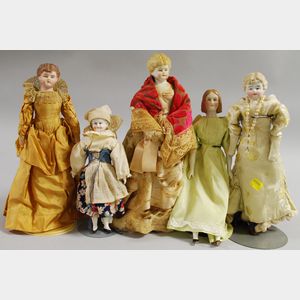 Five Blonde China and Bisque Shoulderhead Dolls