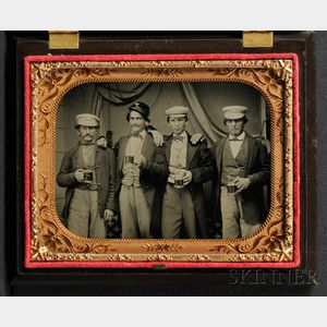 Quarter Plate Ambrotype Portrait of Four Men Holding Mugs of Beer