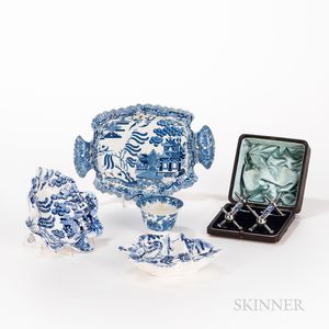 Three Blue Transfer Standard Willow Pattern Table Pieces and Syllabub Cup