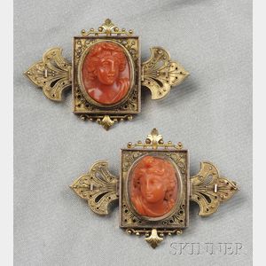 Pair of Antique Gold and Coral Cameo Brooches