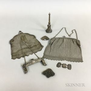 Two Silver Mesh Purses and Three Pieces of Silver Filigree