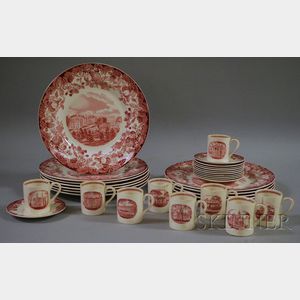 Set of Eleven Wedgwood Red and White Harvard University Ceramic Dinner Plates and a Set of Nine Demitasse Cups and Eleven Saucers.