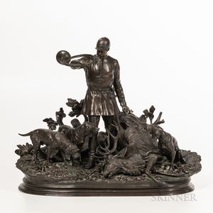 After Paul Edouard Delabrierre (French, 1829-1912) Bronze Huntsman with Downed Stag and Hounds