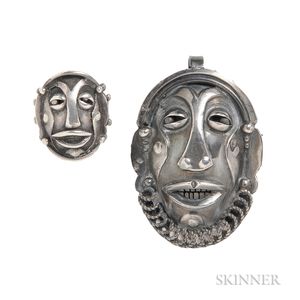 Silver Mask Brooch and Ring