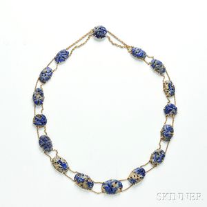 18kt Gold and Carved Lapis Necklace