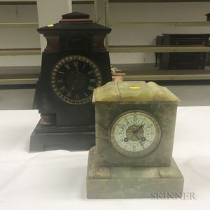 Egyptian Revival Black Slate Shelf Clock and a Variegated Green Marble Clock