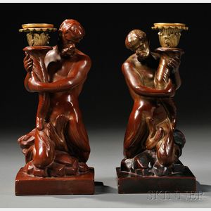 Pair of Wood and Caldwell Triton Candlesticks