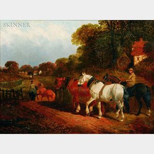 Attributed to John Frederick Herring (British, 1815-1907) Horses and Riders on a Country Lane