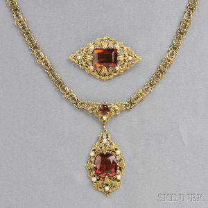 Arts & Crafts 14kt Gold and Citrine Necklace and Brooch