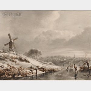 Dutch School, 19th Century Winter Landscape with Skaters